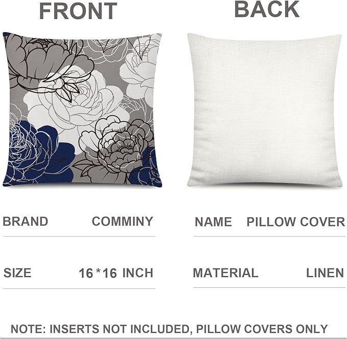 COMMINY Blue Grey Pillow Covers 16x16 Set of 6 Decorative Daisy Flower Throw Pillow Cover for Couch Modern Farmhouse Cushion Pillow Case for Living Room Patio Home Decor