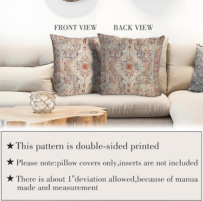 Boho Throw Pillow Covers 24x24 inch Set of 2,Boho Vintage Carpet Pattern Antique Ethnic Decor Double Sided Pattern Cushion Cover Soft Pillow Case Living Sofa Room Bed Square Pillow Cover