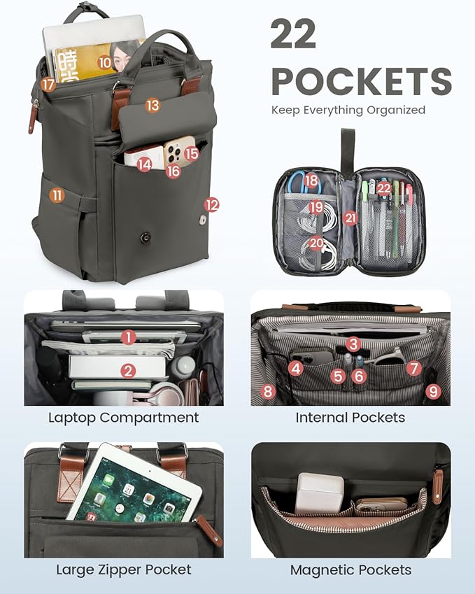 LOVEVOOK Laptop Backpack for Women Work Travel Commuter Backpack Business Computer Bag Doctor Nurse Bags College Backpack Purse, 15.6 Inch, Dark Grey-brown