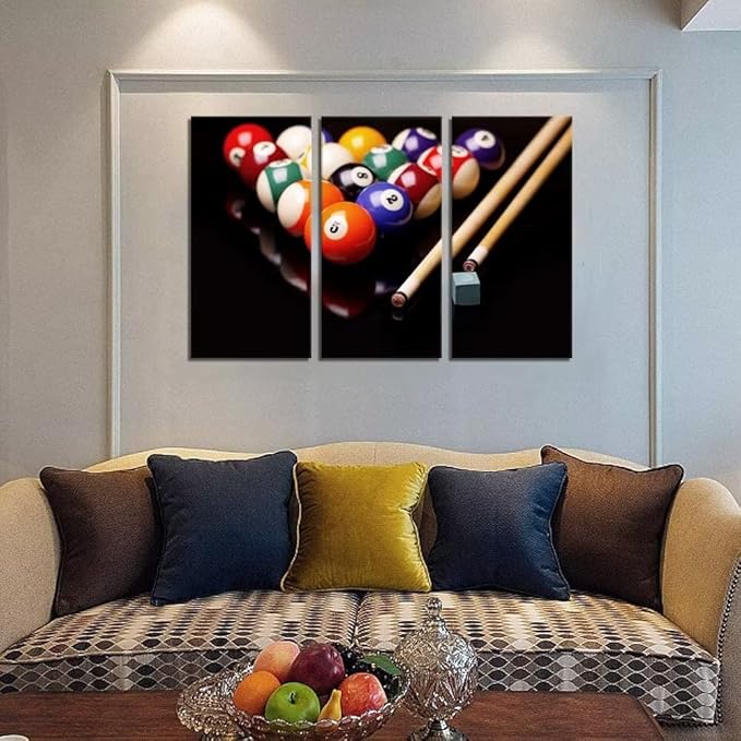 3 Piece Canvas Wall Art - Billiards Balls and Cues with Chalk - Modern Home Decor Stretched and Framed Ready to Hang (24''H x 36''W)