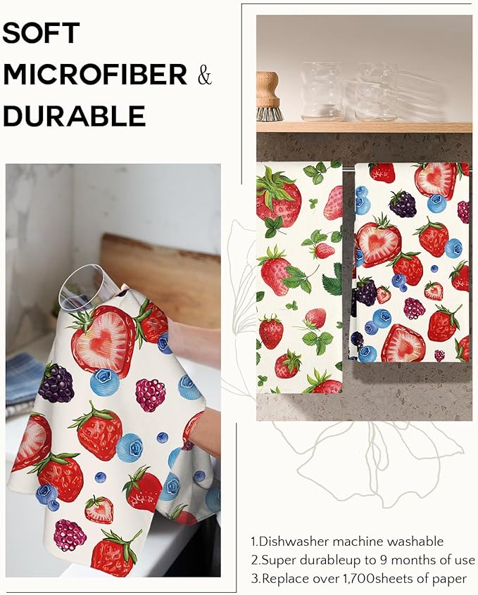 Microfiber Kitchen Towels - Set of 2 Dish Towels for Kitchen 18 x 26 Inch Home Decoration Leaf Strawberry Cute Spring Hand Towels Soft & Absorbent Aesthetic Design