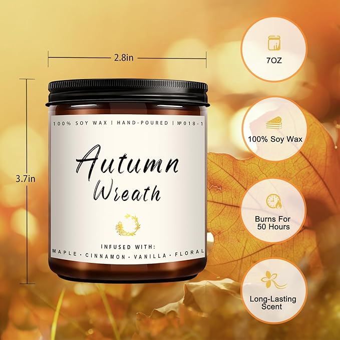 Auelife Fall Candle, Autumn Wreath Scented Soy Candles for Home, Aromatherapy Candle Gift Set for Women & Men, Cozy Fall Décor, 7oz – Perfect for Autumn Relaxation and Home Ambiance