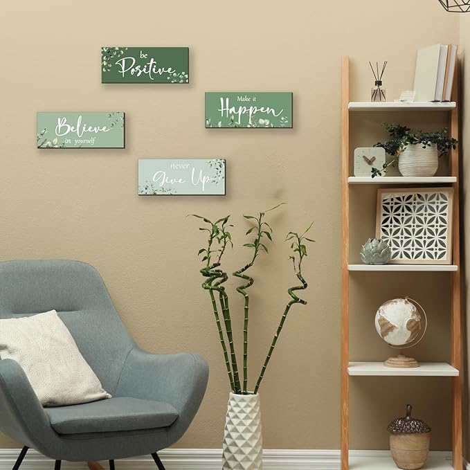 4 Pcs Green Office Decor For Women Motivational Wall Decor Inspirational Green Office Wall Decor With Positive Sayings Wooden Hangings for Home Bathroom Bedroom Kitchen(10x4")