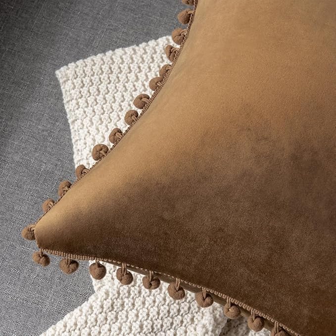 DEZENE Throw Pillow Cases 16x16 Golden Brown: 2 Pack Cozy Soft Pom-poms Velvet Square Decorative Pillow Covers for Farmhouse Home Decor