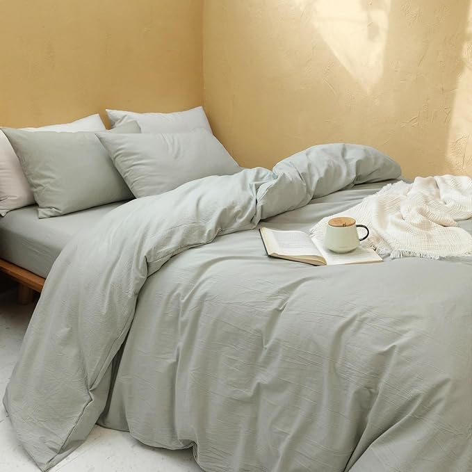 FOSSA Duvet Cover Set 100% Washed Cotton Linen Feel Super Soft Breathable Cozy 3 Pieces Bedding Sets Solid Sage Green Twin