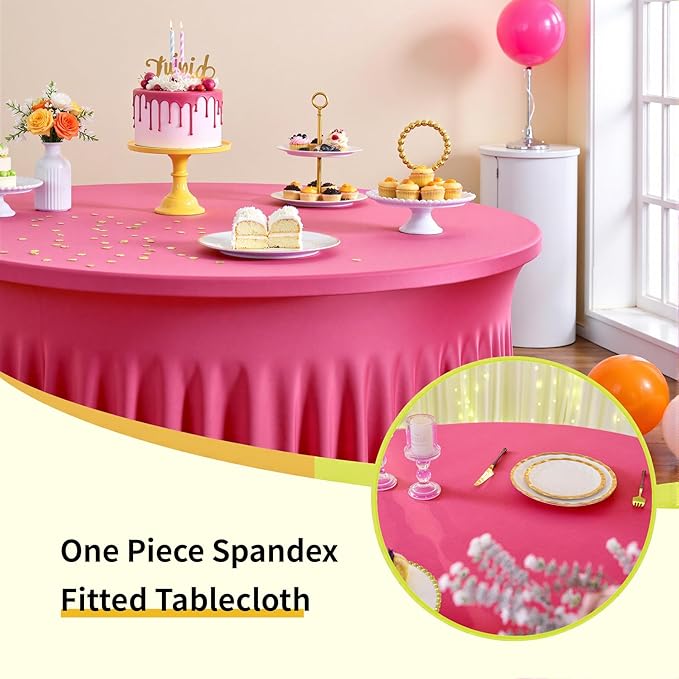 Outpain 8 Pack Hot Pink 72inch Spandex Round Tablecloths, Stretchy 132inch Fitted 6FT Round Table Cloths, Wrinkle Free Table Cover with Skirt for Wedding Party Dining Banquet