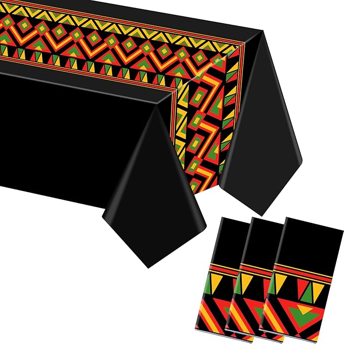 Kinlop 3 Pcs Black History Tablecloth 108 x 51 Inch Juneteenth Kwanzaa Table Covers Plastic Waterproof Disposable Table Clothes for Africa American Independence Freedom Party Supplies(Kente)