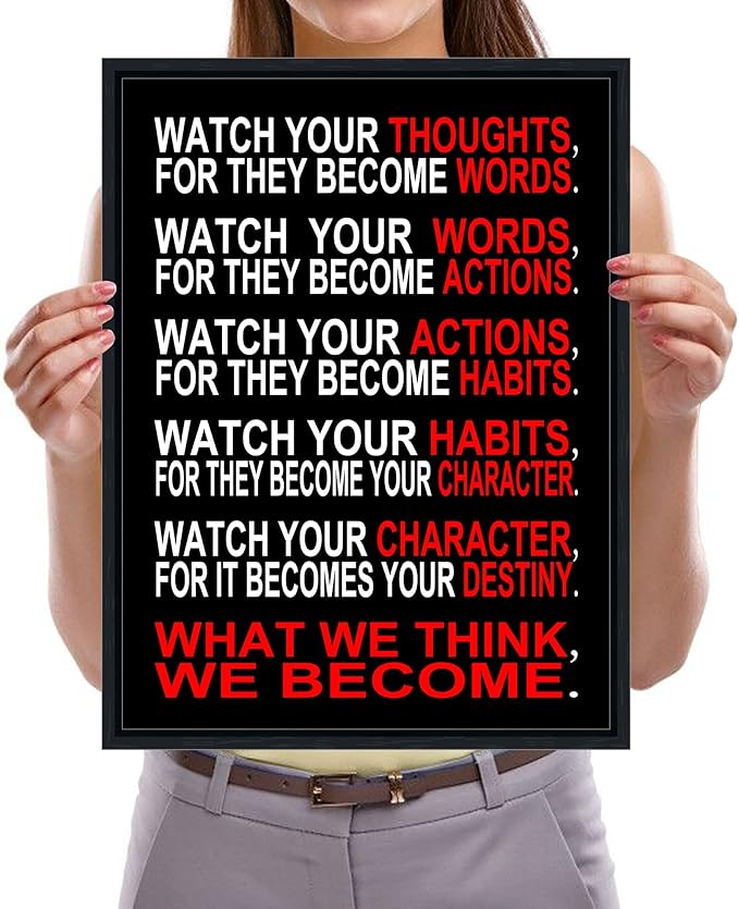 Pyradecor Black Framed Wall Art Watch Your Thoughts Motivational Classroom Poster Modern Canvas Prints Paintings Pictures Artwork for Office Living Room Home Decorations