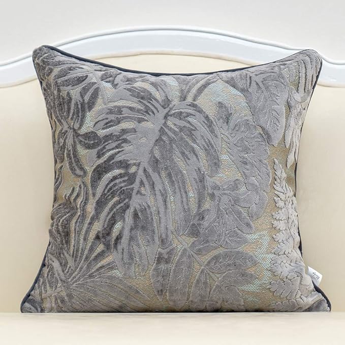 Alerfa 18 x 18 Inch Gray Silver Square Maple Leaf Pillow Embroidery Cut Velvet Cushion Case Luxury Modern Lumbar Throw Pillow Cover Decorative Pillow for Couch Sofa Living Room Bedroom Car