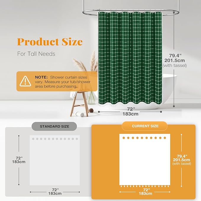 BTTN 78 Inch Long Shower Curtain - Boho Farmhouse Linen Ultra Thick Fabric Shower Curtain Set with Plastic Hooks, Tall Rustic Country Waterproof Shower Curtains for Bathroom - Emerald Green - 72x78