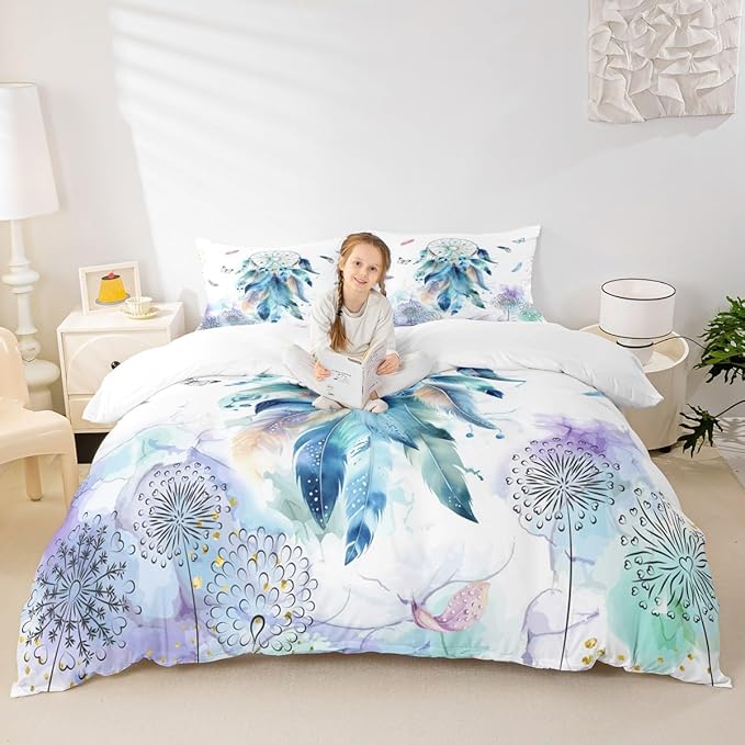 Girly Dream Catcher Duvet Cover Queen,Watercolor Feather Butterflies Retro Farmhouse Style Super Bedding Set,Wild Dandelion Colorful Marble Texture Comforter Cover Bedding 3 Piece (No Comforter)