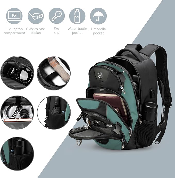 Swissdigital Design Laptop Backpack with USB Charging Port, Travel Backpack Fits 15.6 inches Computer, 31L College School Backpack for Men, Lake Green/Black | SD803