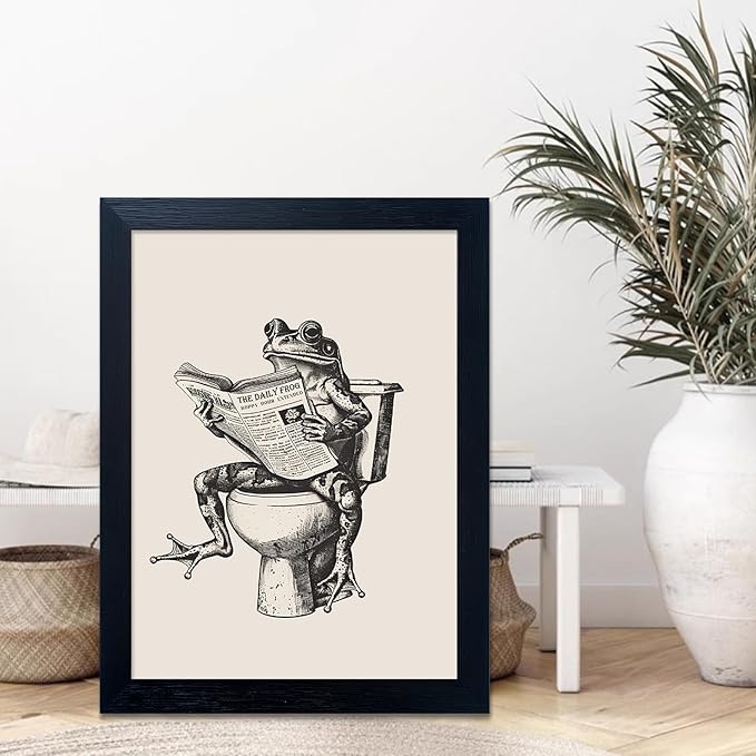 Black Framed Bathroom Wall Art - Funny Frog on Toilet Reading Newspaper Canvas Print - Animal Artwork Pictures for Wall Decor