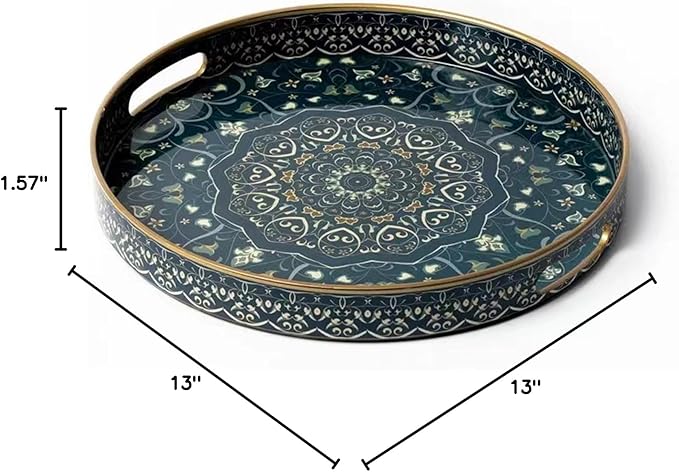 Round Serving Tray with Handles - Large Round Ottoman Tray Coffee Table Tray,Plastic Decorative Trays for Coffee Table,Boho Ottoman Trays for Living Room