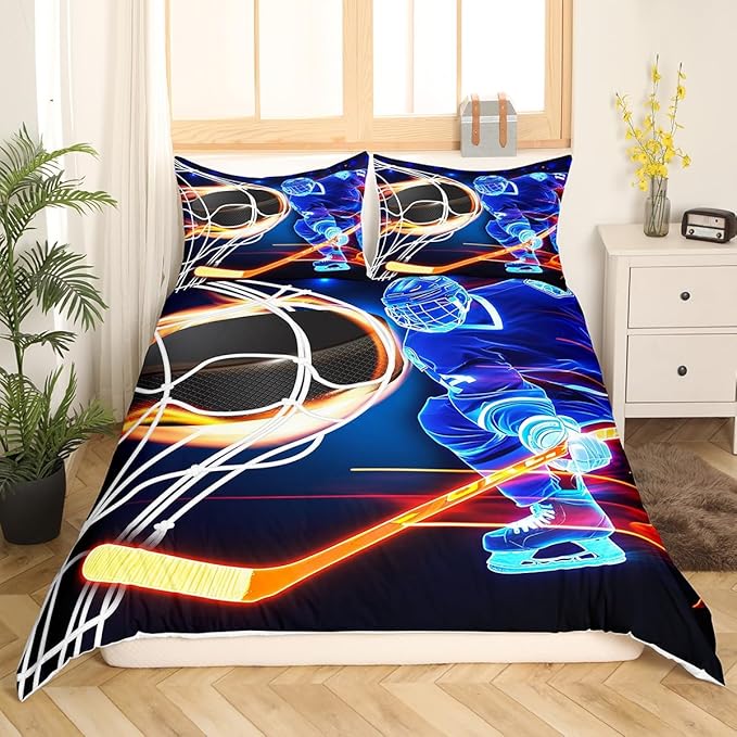 Castle Fairy Ice Hockey Bed Set for Boys Girls,Hockey Player Skating Comforter Cover for All Season,Winter Sports Game Ultra Soft Bedding Set Quilt Cover Queen Size