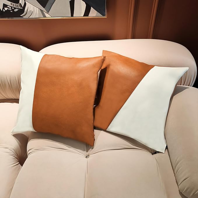 Faux Leather Throw Pillow Covers 18X18 Inch Outdoor Modern Farmhouse Solid Decorative Pillow Covers for Room Couch Living Bedroom Bed Sofa White&Brown Splicing