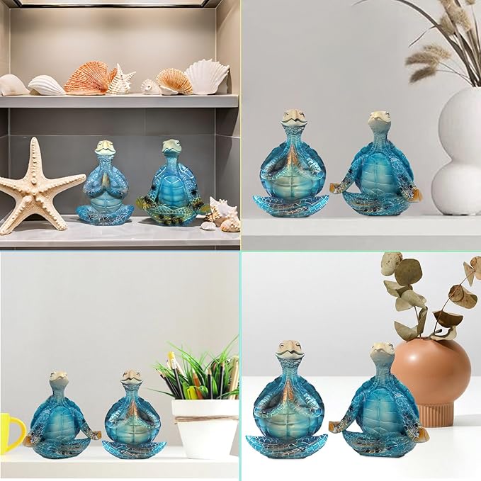 2-Pack Yoga Sea Turtle Figurines - Resin Meditation Desk Statue Decor with Non-Slip Base Zen Ocean Theme Table Shelf Sculptures Beach Bathroom Office Decoration Gifts for Women Turtle Lovers