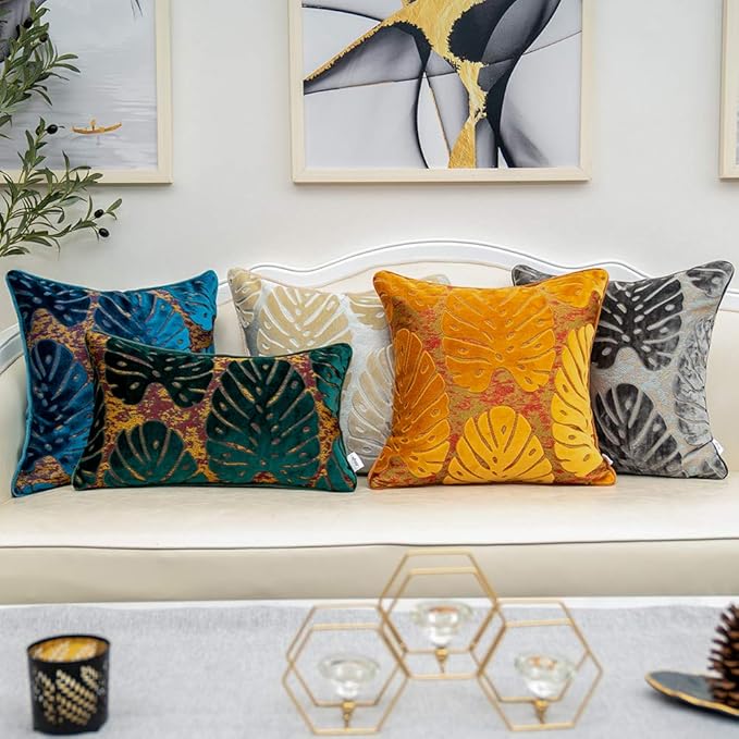 Alerfa 20 x 20 Inch Square Leaf Pillow Embroidery Cut Velvet Cushion Case Luxury Modern Lumbar Throw Pillow Cover Decorative Pillow for Couch Sofa Living Room Bedroom Car, Navy Blue