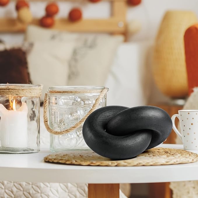 Wood Chain Decor, 2-Link Decorative Chain Hand Carved Boho Wood Knot Decor for Bookshelf Desk Living Room Coffee Table Farmhouse Ornament (Black)