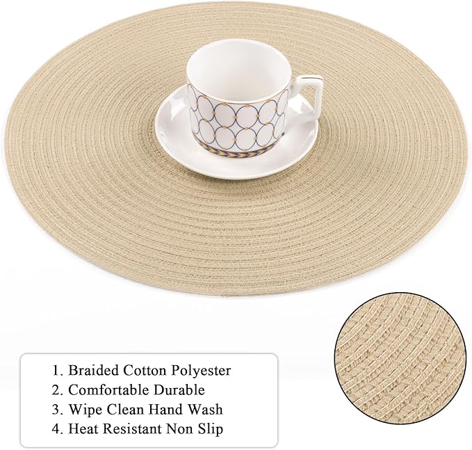 SHACOS 15 inch Round Braided Placemats Set of 6 Non Slip Heat Resistant Round Table Mats Fabric Place Mats for Dinner Party Table Decoration (Light Beige, 6)