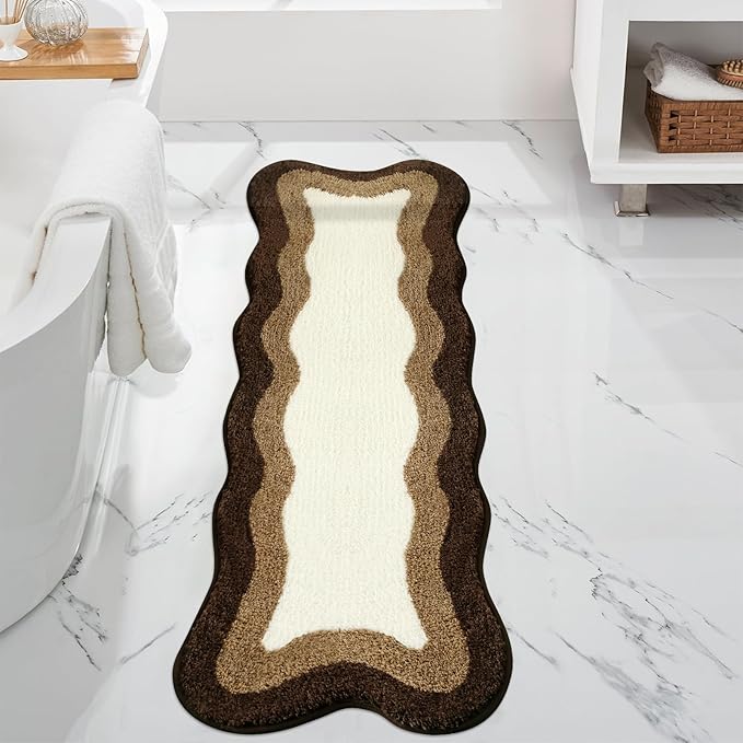 HAOCOO Brown Long Bathroom Rug Runner, Microfiber Absorbent Boho Bath Mats for Bathroom Non-Slip, Washable Soft Plush Shower Mats for Sink Shower Tub