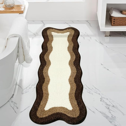 HAOCOO Brown Long Bathroom Rug Runner, Microfiber Absorbent Boho Bath Mats for Bathroom Non-Slip, Washable Soft Plush Shower Mats for Sink Shower Tub