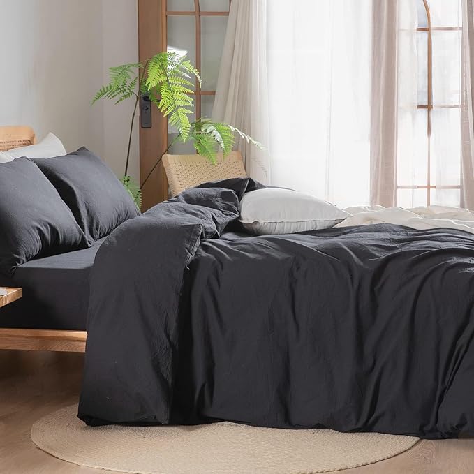 BESTOUCH Duvet Cover Set 100% Washed Cotton Linen Feel Super Soft Comfortable Chic Lightweight 3 PCs Home Bedding Set Solid Deep Black Oversized Full