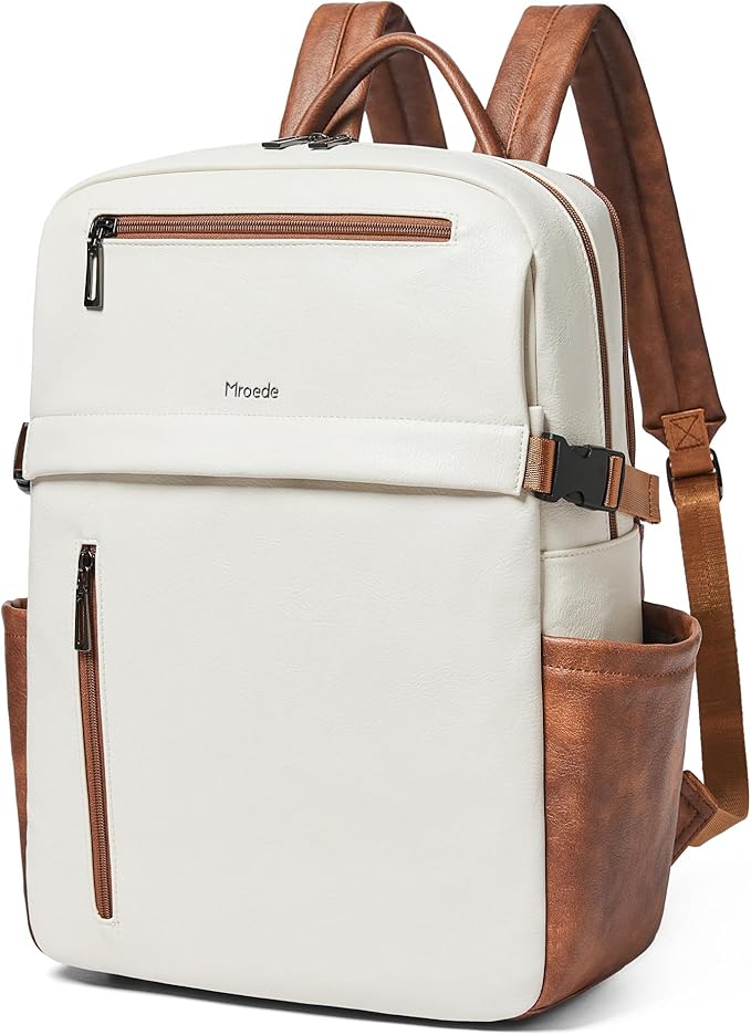 Leather Laptop Backpack for Women, 15.6 Inch Laptop Travel Backpack Purse Large Capacity Computer Bag, Casual Daypack Nurse Bag College Bookbag for School, Beige