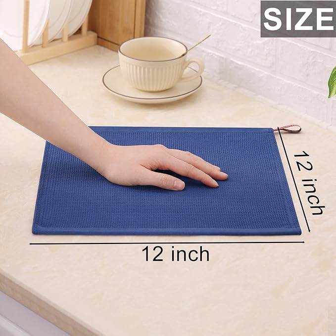 Homaxy 100% Cotton Kitchen Towels and Dishcloths Set - 8 Pack Waffle Weave Soft and Absorbent Dish Towels - 26 X 16 Inch and 12 X 12 Inch - Navy Blue