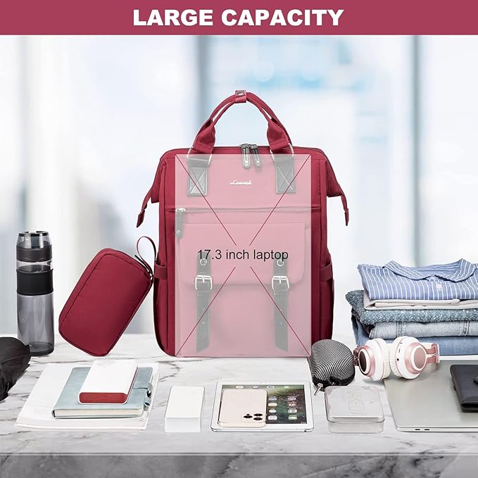 LOVEVOOK Laptop Backpack for Women Work Travel Backpack College Backpack Business Commuter Computer Bag Teacher Doctor Nurse Bags Purse, 17 Inch, Wine Red-black
