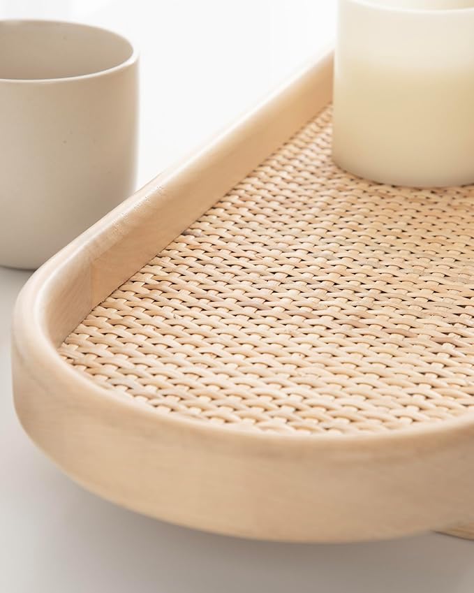 Kate and Laurel Planche Decorative Capsule Woven Tray with Solid Wood Frame, 27 x 8, Natural Brown, Modern Slim Wood Rectangle Serving Tray for Living Room