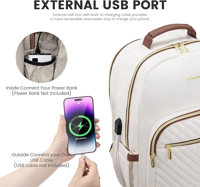 LOVEVOOK Laptop Backpack for Women 17.3 inch,Cute Womens Travel Backpack Purse,Professional Laptop Computer Bag,Waterproof Work Business College Teacher Bag Carry on Backpack with USB Port,White Brown