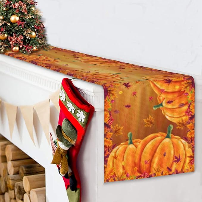 Orange Grey Abstract Art Painting Burlap Table Runner Seasonal Spring Fall Kitchen Dining Linen Table Decoration for Indoor Outdoor Home Party Dinner 13x72 Inch (Thanksgiving Pumpkin)