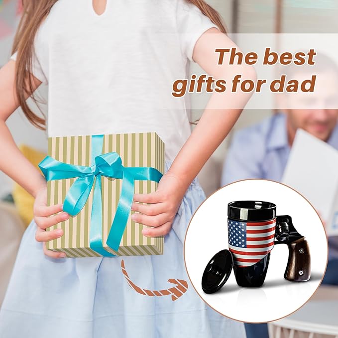 Novelty Coffee Mugs for Men, Ceramic Funny Gun Cup, Revolver Mugs, Birthday Gifts for Father, Black Cool Unique Coffee Mug for Men, Fathers Day Dad Gifts(16 oz Black Flag)