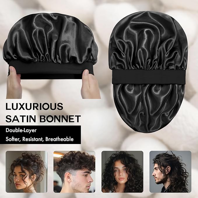 Satin Silk Bonnet for Sleeping, Double Layer Silk Sleep Cap for Men & Women, Soft Satin Lined Bonnet for Natural & Curly Hair(Black)