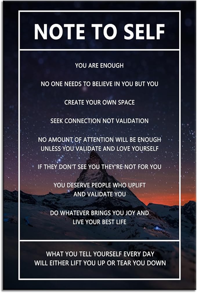 Note to Self Inspirational Wall Art Snow Mountain Starry Sky Motivational Poster Inspiring Canvas Painting Prints Wall Pictures for Home Decor Living Room Office Bedroom Framed Artwork [12''W x 18''H]