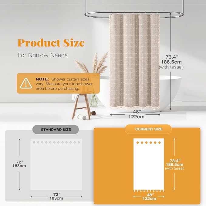 BTTN Boho Shower Stall Curtain - 48x72 Narrow Linen Ultra Thick Tassel Fabric Shower Curtain Set with 8 Plastic Hooks, Half Camper RV Modern Farmhouse Country Shower Curtains for Bathroom, Taupe/Tan