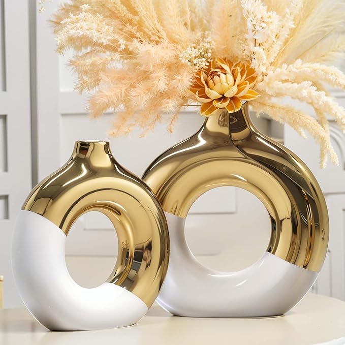 White and Gold Ceramic Vase Set of 2,Round Donut Hollow Flower Vases for Home Decor Accents,Modern Minimalist Centerpiece Table Decorations,Wedding,Living Room,Bookshelf,Office,Entryway