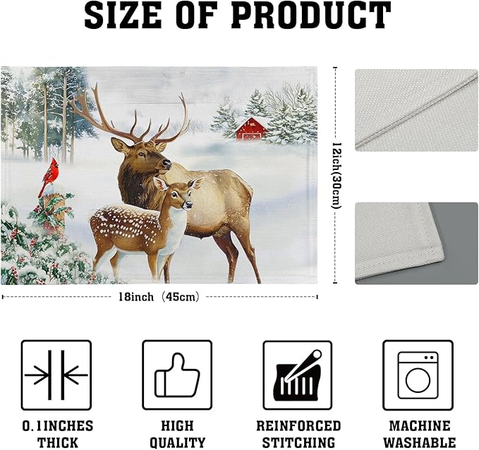 Giwawa Winter Deer Placemats Set of 4 12x18 Inch Christmas Reindeers Elk Moose Place Mat Xmas Trees Snow Wildlife Table Mats Washable Stain Resistance for Kitchen Dining Seasonal Party Decor