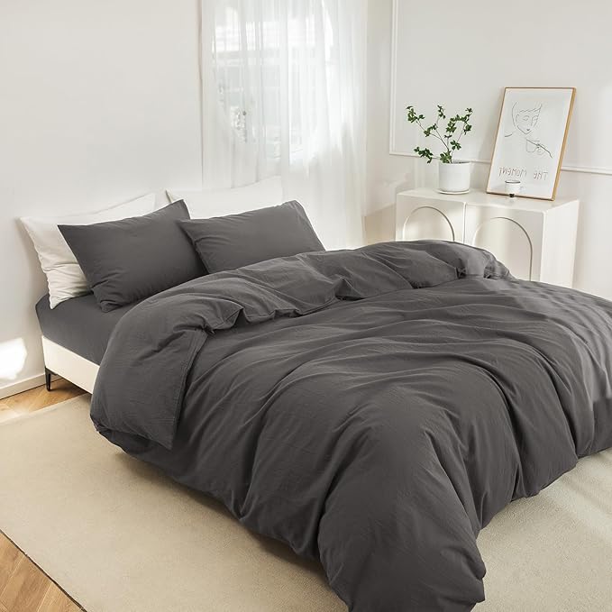 JIYUAN 100% Washed Cotton Duvet Cover Set 2 Pieces Twin, 1 Duvet Cover 68x90 Inches(Comforter Not Included) and 1 Pillowcases,Linen Feel Bedding Set Comfy and Breathable,Solid Dark Grey