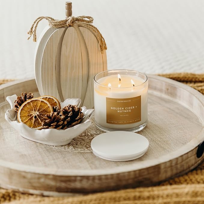 Calyan Wax Co. 3 Wick Candle, Golden Cider + Nutmeg Scented Candle, 43 Hour Burn Time, 3 Wick Soy Candles, Non Toxic & Vegan Soy Wax, Glass Jar Holiday Scented Candles, 14.9oz