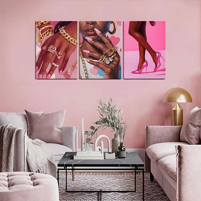 ANVOTIG 3Pcs Black Girl Wall Art Pink Framed Decor African American Woman Canvas Prints Fashion Posters Gorgeous Pictures Living Room Bedroom Home Decoration12x16In