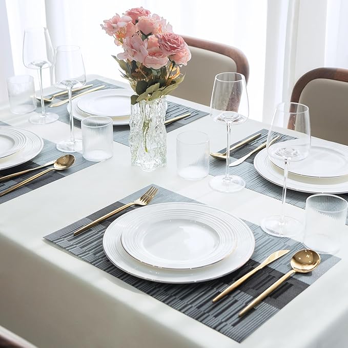 Placemats Set of 12 Vinyl/Plastic Woven Place Mats for Kitchen Table Indoor/Outdoor Washable Placemat Wipeable Dining Table Mats (Ombre Silver Grey Black,12)