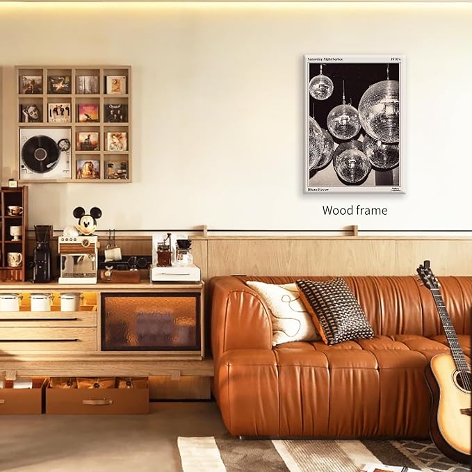 70s Disco Ball Newspaper Wall Art Vintage Black and White Art Posters 12x16 inch Framed Funky Aesthetic Canvas Prints Retro Bar Cart Decor for Bar Bedroom