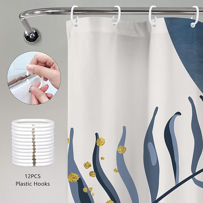 Blue Boho Shower Curtain 72Wx72H Modern Bohemian Abstract Leaves Plant Botanical Grey Mid Century Minimalist Arch Bathroom Decor Geometric Neutral Bath Curtain Fabric Polyester 12 Pack Hook