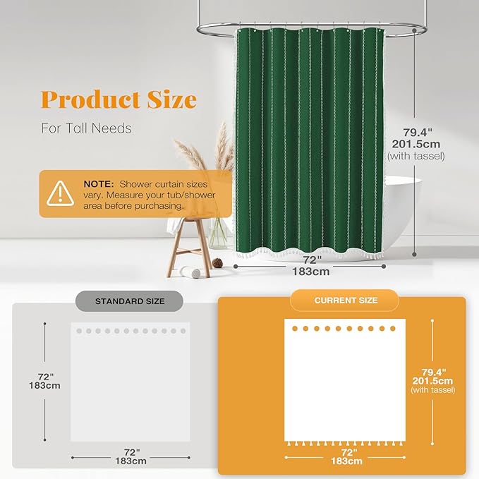 BTTN 78 Inch Long Shower Curtain - Boho Farmhouse Linen Thick Striped Fabric Shower Curtain Set with Plastic Hook, Tall Rustic Country Luxury Cloth Shower Curtains for Bathroom - Emerald Green - 72x78