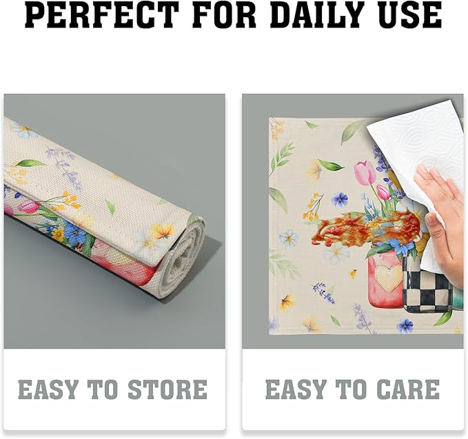 Giwawa Spring Flower Vases Placemats Set of 4 Watercolor Floral Mason Jar Place Mat 12x18 Inch Wildflower Botanical Plant Table Mats Heat Resistance for Kitchen Dining Party Picnic Decor