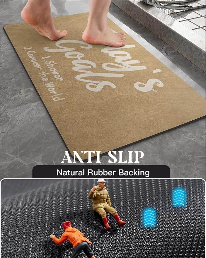 MontVoo -Bath Mat Rug- Non Slip Quick Dry Absorbent Thin Bathroom Rugs Fit Under Door-Faux Suede Surface Bathroom Floor Mats-Shower Rug for in Front of Bathtub Shower 17 X59 Camel Text Pattern