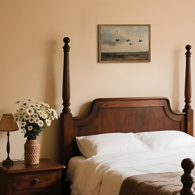 Vintage Flying Duck Wall Art, Rustic Landscape Wall Decor Retro Bird Painting Nature Wilderness 3D Textured Hand Drawn Sandstone Artwork Aesthetics for Bedroom Living Room 12x16 inch Wood Framed