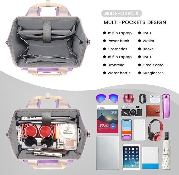 FALANKO Laptop backpack for Women, Computer Backpack Fits 15.6Inch Laptop with USB Charging Port RFID Water Resistant purse Casual Bookbag for Teacher work College nurse Doctor